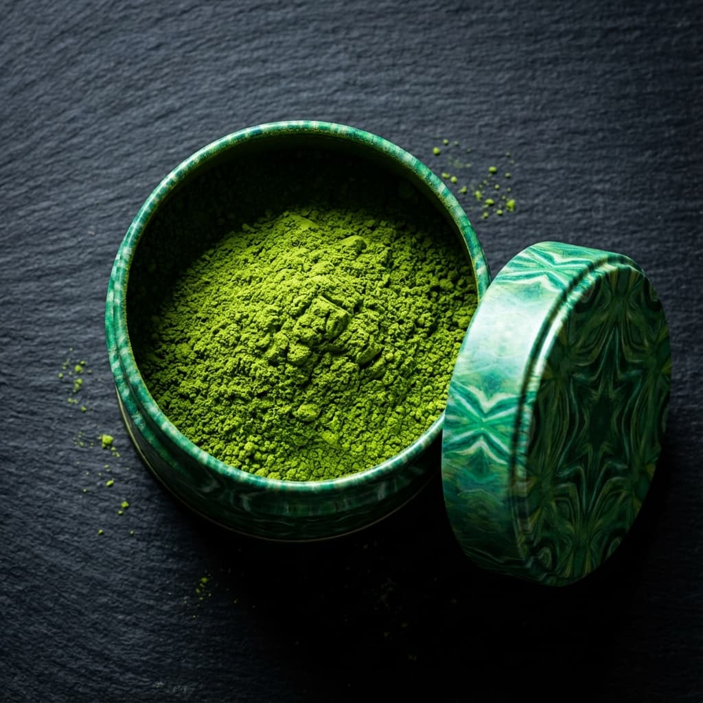 an open tin of smalls matcha